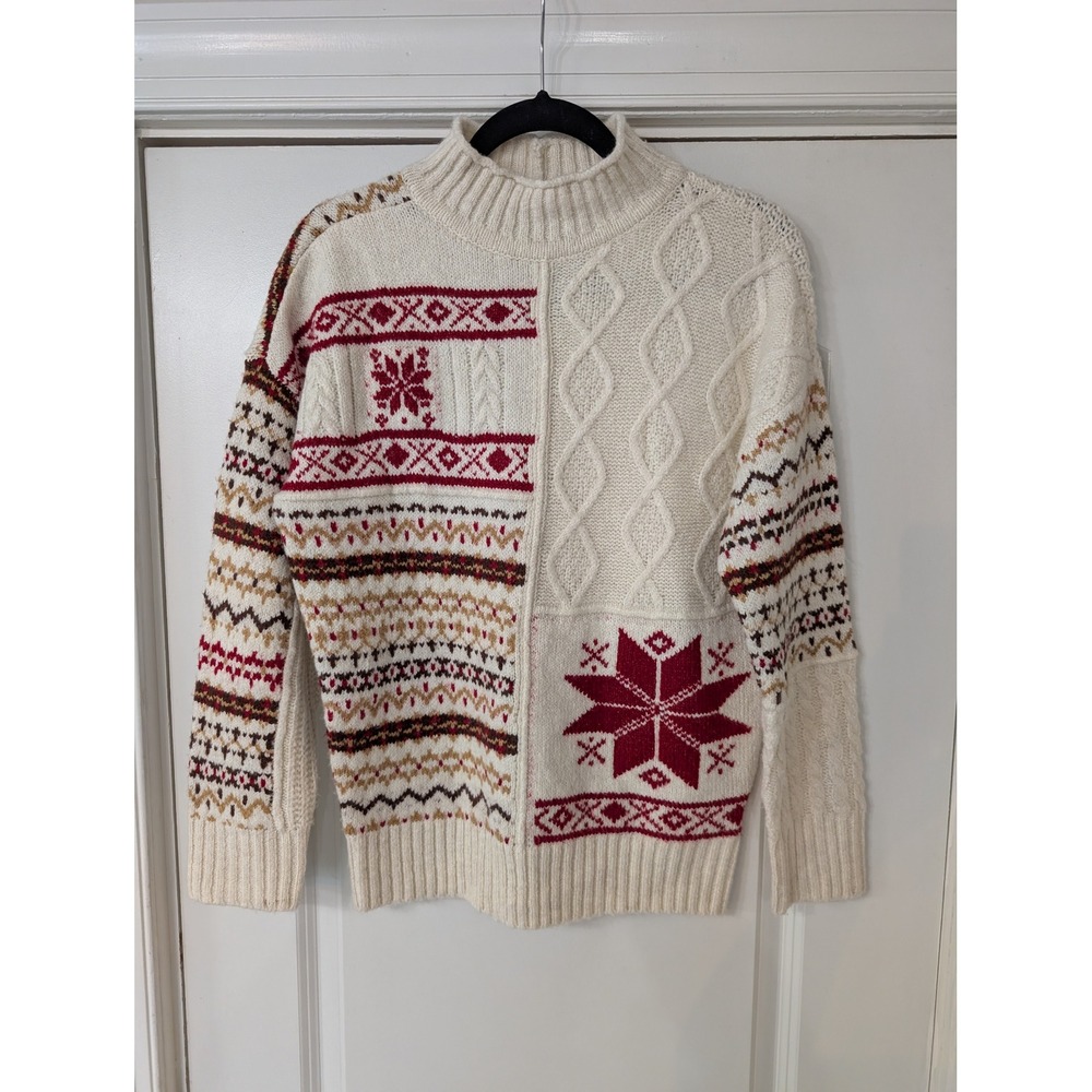 American Eagle Women Mixed Fair Isle Cable Knit Mock Neck Sweater Red Small